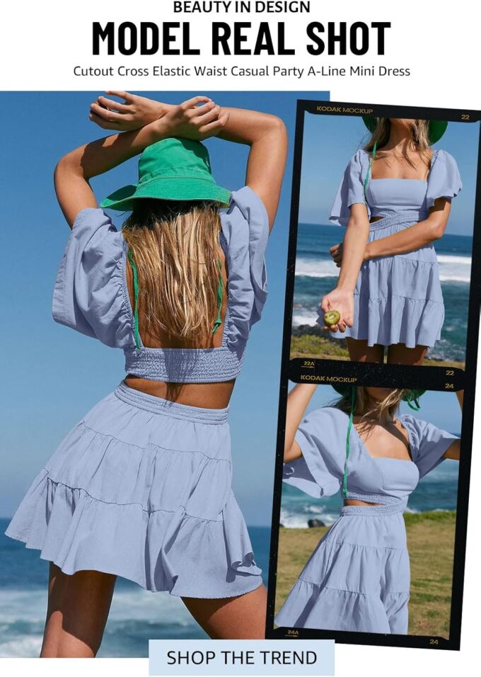 OWNGIGI Women's Summer Dresses Square Neck Short Sleeve Cutout Crossover Elastic Waist Casual Party A-Line Mini Dress – Bild 5