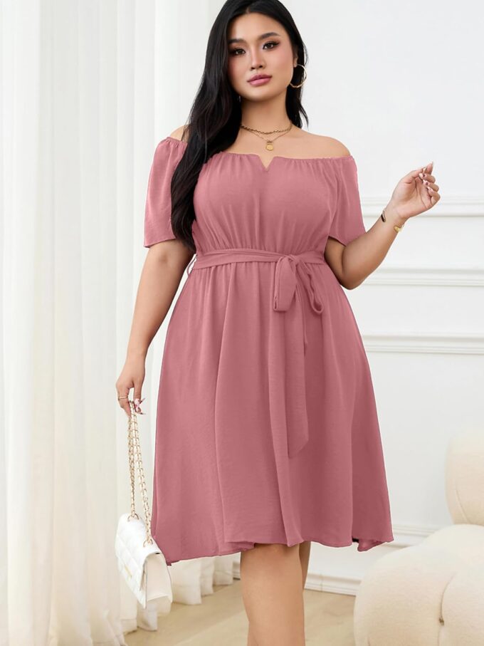 RWJ Plus Size Women Dress V Neck Short Sleeve Mini Formal Wedding Cocktail Party Dresses with Belt – Bild 4