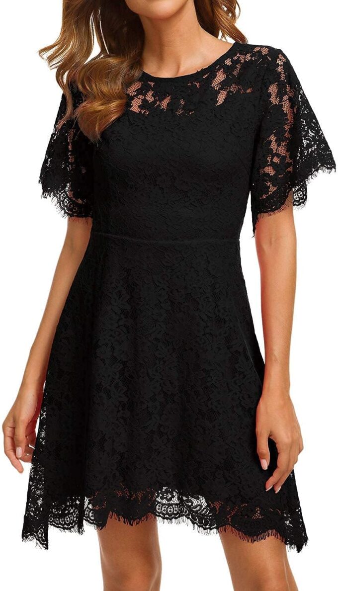 MSLG Women's Elegant Round Neck Short Sleeves Wedding Guest Floral Lace Cocktail Party Dress 943