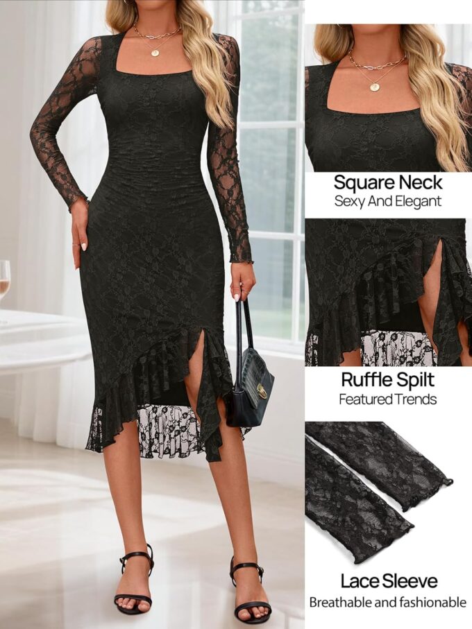 MEROKEETY Women's Long Sleeve Bodycon Lace Dress Square Neck Ruched Ruffle Hem Sexy Wedding Guest Cocktail Dresses – Bild 6