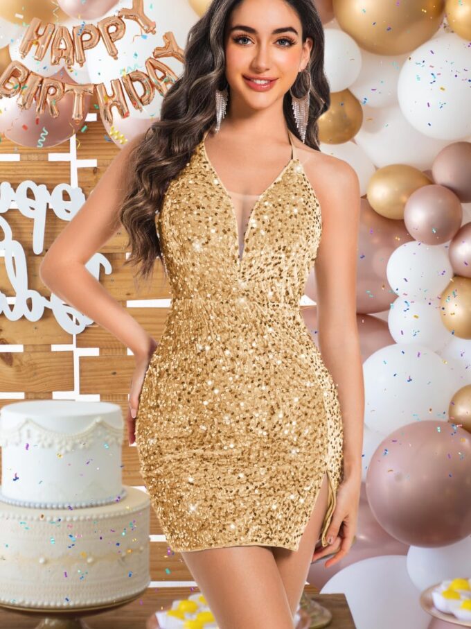 Sexy Sequin Dress for Women,Sparkly Glitter Velvet Mini Prom Dresses,Plunge Backless Club Outfit Cocktail Party – Bild 6