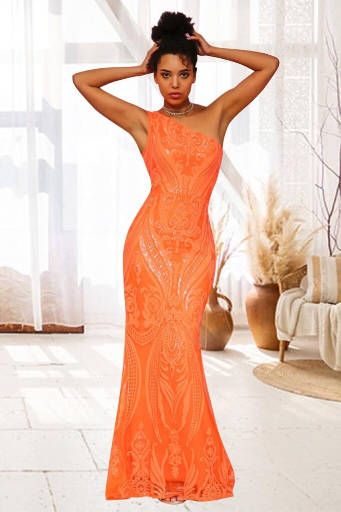 Sequin One Shoulder Prom Dresses for Women Mermaid Long Ball Gown Tight Sparkly Formal Evening Party Dress – Bild 2