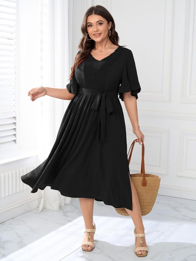 SCOMCHIC Women's Plus Size Wedding Guest Dress Smocked V Neck Short Ruffle Sleeve Split Flowy Summer Cocktail Dresses – Bild 3