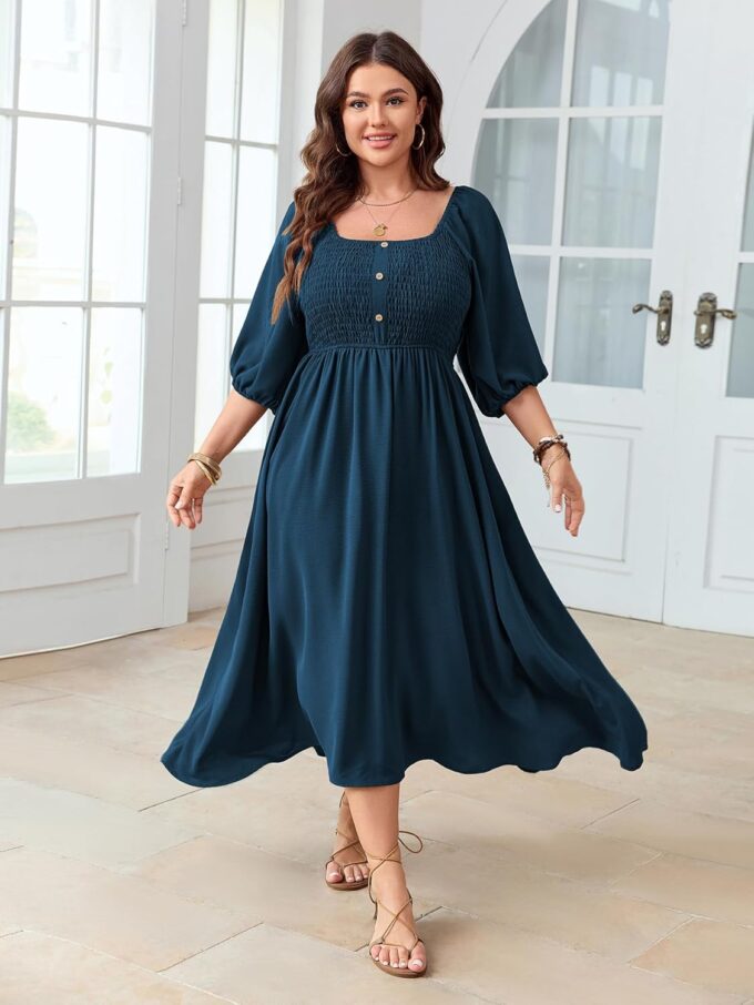 Women's Plus Size Casual Dresses Square Neck Button Up Smocked 3/4 Puff Sleeve Empire Wasit A-line Flowy Midi Dress – Bild 7