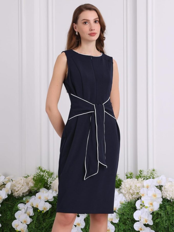 Hobemty Damen Bleistiftkleid in Kontrastfarbe, Reißverschluss, Halsband, Taille, Etuikleid – Bild 2