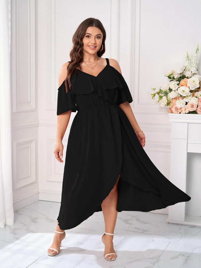 Womens Plus Size Cold Shoulder Dress Short Sleeve Ruffle Summer Sundress High Low Flowy Maxi Long Dresses – Bild 5