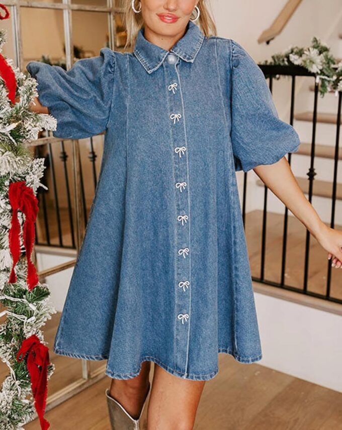 LifeShe Women's Blue Denim Babydoll Mini Dress with Puff Sleeves, Lapel Collar & Diamond Bow Decor – Bild 5