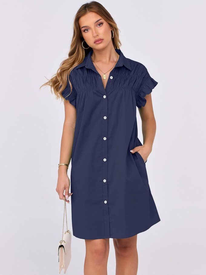 ANRABESS Womens Summer Button Down Shirt Dress Ruffle Short Sleeve Mini Dresses Loose Fit Casual Sundress with Pockets – Bild 3