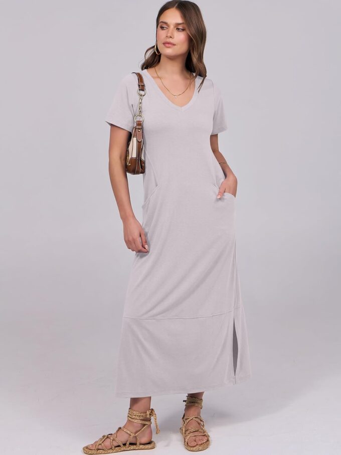 ANRABESS Women's Summer Casual Short Sleeve Long T Shirts Maxi Dresses V Neck Split 2025 Beach Vacation Dress with Pockets – Bild 3