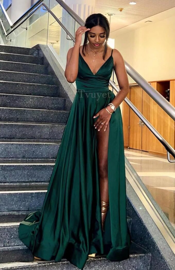 Tvuyet Satin Bridesmaid Dresses with Slit Pleated 2025 A Line Spaghetti Straps Formal Prom Evening Evening Gowns – Bild 4