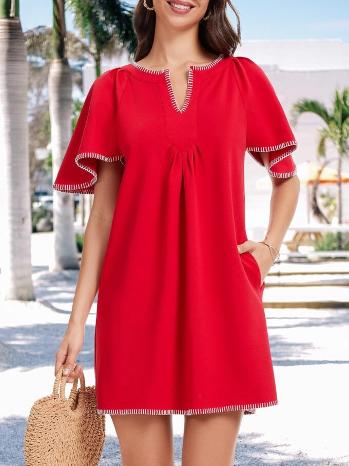 HOULENGS Women's Summer Ruffle Short Sleeve A Line Mini Dress Casual Contrast Trim V Neck Short Dress with Pockets – Bild 5