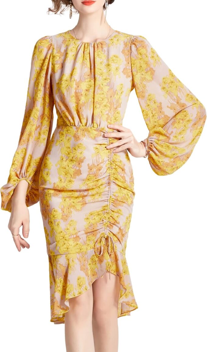 Shineflow Women's Cocktail Dress Floral Lantern Long Sleeve Crewneck Drawstring Ruched Fishtail Ruffle Hem Mini Dresses – Bild 4