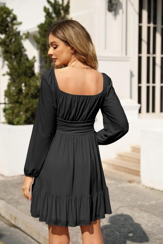 Wenrine Women's Mesh Long Sleeve Square Neck Dress High Waist A Line Ruffle Hem Flowy Casual Party Mini Dress – Bild 4