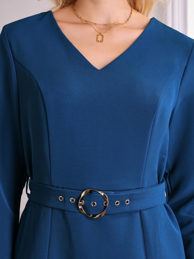 Hobemty Damen Flare Kleid V-Ausschnitt Langarm Gürtel 2024 Elegante Arbeitskleider – Bild 4