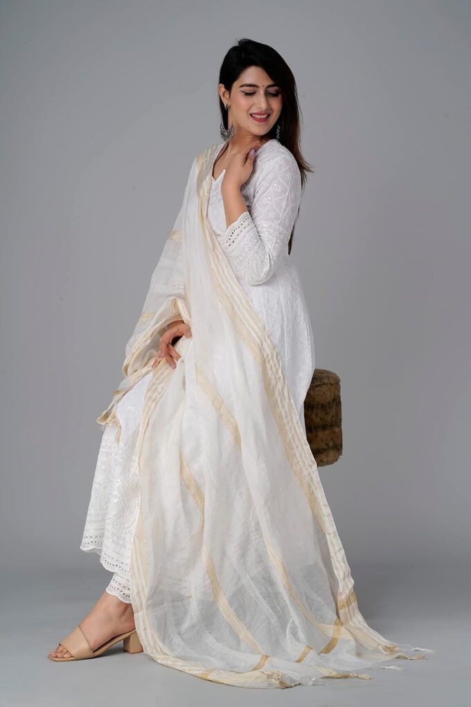 JG JAI GOVINDAM Chikankari Cotton Anarkali Indian Kurti For Women Summer Dress Kurta Pant With Dupatta Set Pakistani Kurta – Bild 4