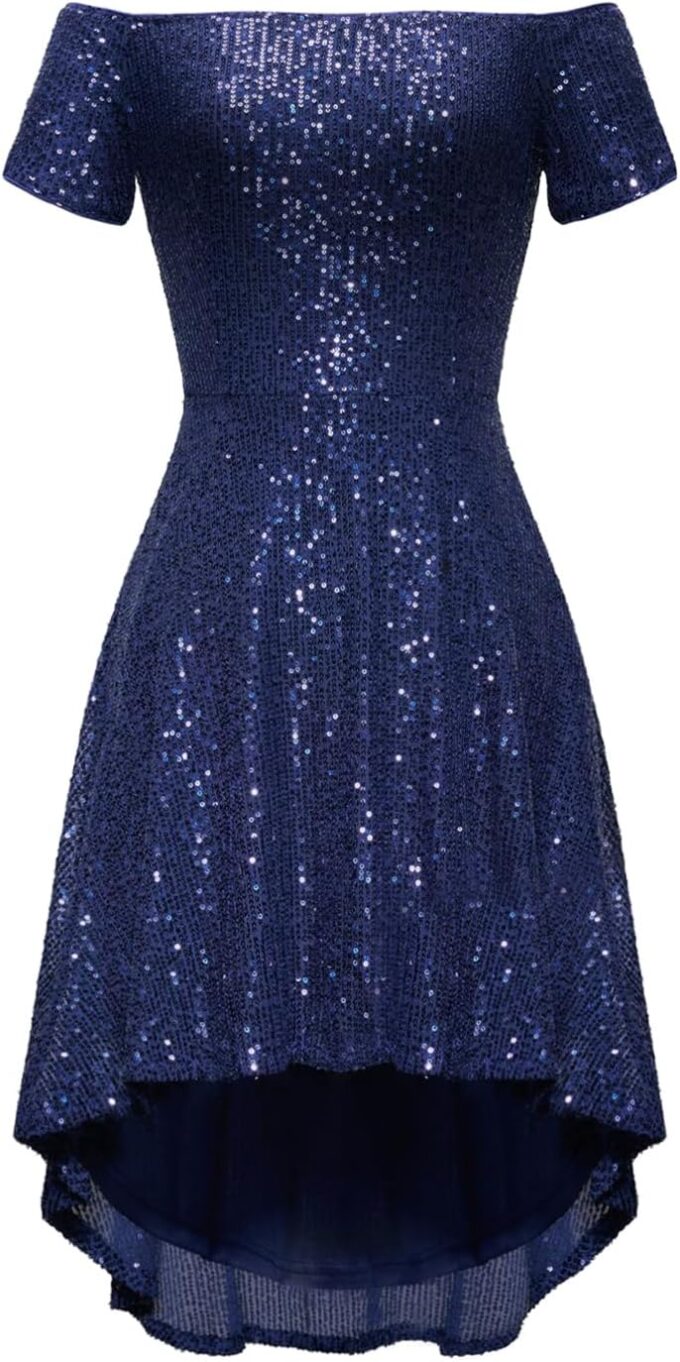 MISSCHEN Women's Sequin Sparkly Glitter Off Shoulder Short Sleeve High Low Cocktail Dress