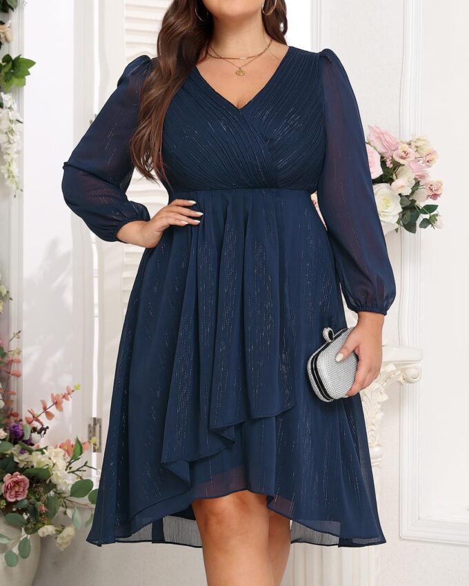 Plus Size Cocktail Dress - Formal Wedding Guest Fall Long Sleeve A Line Pleated V Neck Midi Dresses for Curvy Women – Bild 3