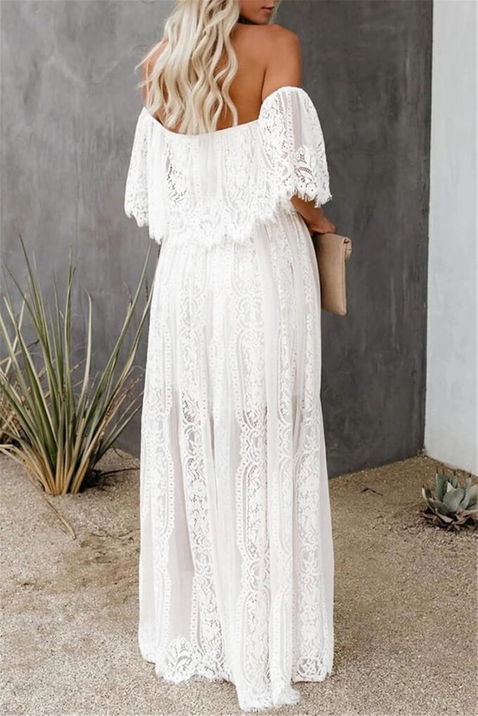 Cercis Womens Off The Shoulder Floral Lace Maxi Wedding Dress Boho Flowy Wedding Guest Formal Long Dresses – Bild 4