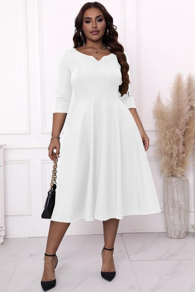 Runwind Plus Size Dresses Women Fit and Flare A-Line Swing Dress 3/4 Sleeve Midi Church Wedding Guest Cocktail Party Dresses – Bild 4