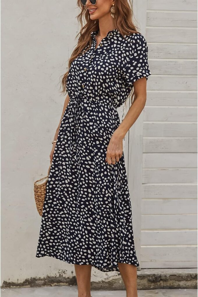BROVAVE Women's Summer Polka Dot Print Shirt Dress Vintage Short Sleeve Button Down Midi Dress – Bild 2