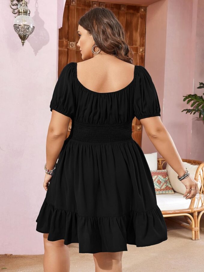 Womens Plus Size Short Lantern Sleeve Scoop Neck Mini Dress Elastic High Waist Summer Dresses Ruffle Wedding Guest Dress – Bild 2