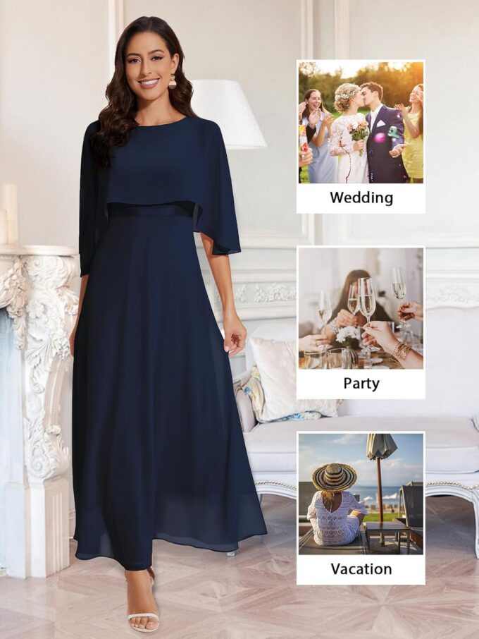 Women Sleeveless Cape Dress with Chiffon Overlay Lace Wedding Guest Cocktail Party Gowns Dress – Bild 2
