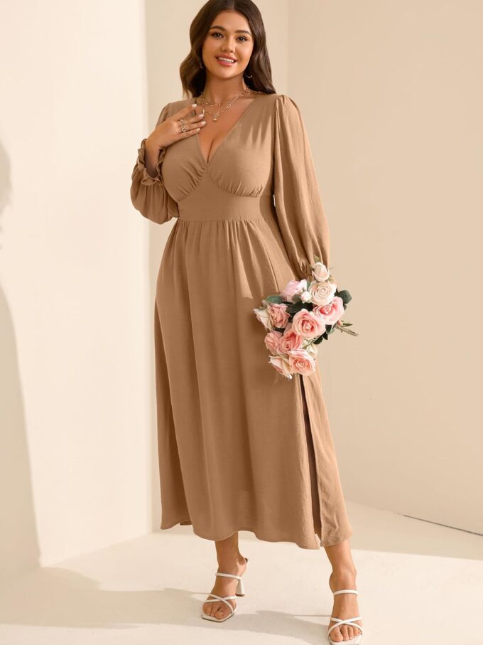 RWJ Plus Size Wedding Guest Dress for Women Deep V Neck Long Sleeve High Waist Slit Formal Cocktail Party Fall Maxi Dresses – Bild 4