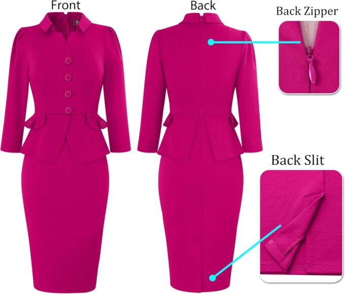 VFSHOW Damen 2024 Herbst Arbeit Business Kleider Kragen Kerbe Ausschnitt Büro Knöpfe Schößchen Schlankheits Etuikleid Bleistiftkleid – Bild 6