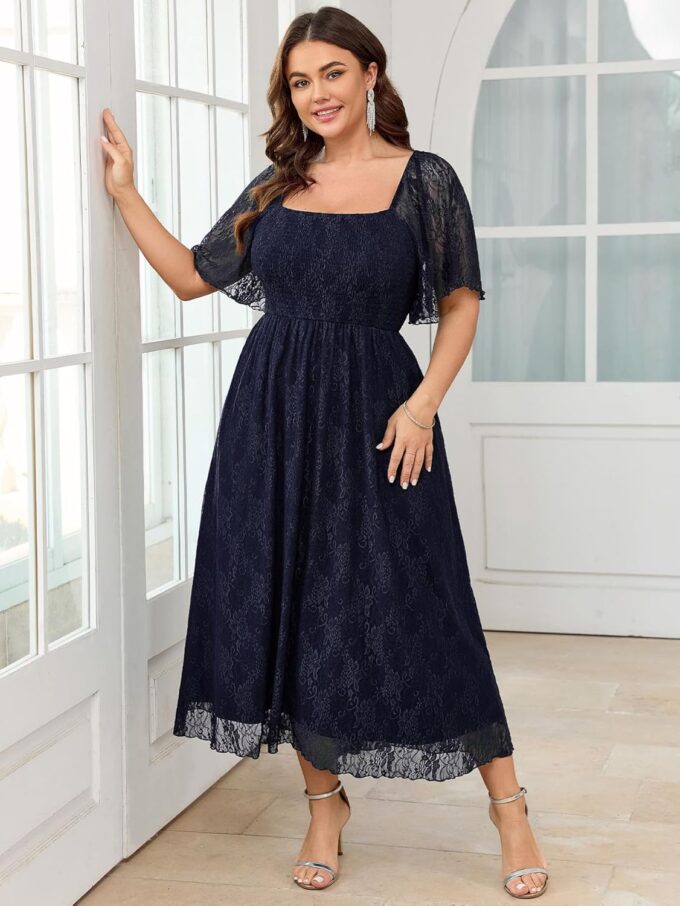 SCOMCHIC Women's Plus Size Wedding Guest Dress Formal Lace Square Neck Short Sleeve Smocked Flowy Cocktail Maxi Dresses – Bild 5