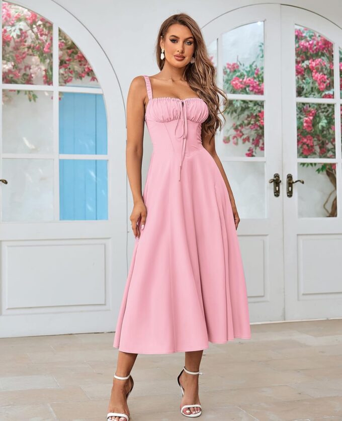 GLNEGE Women's Summer Corset Midi Dress Casual Lace Up Flowy Milkmaid Dresses A-Line Boho Sundress – Bild 2