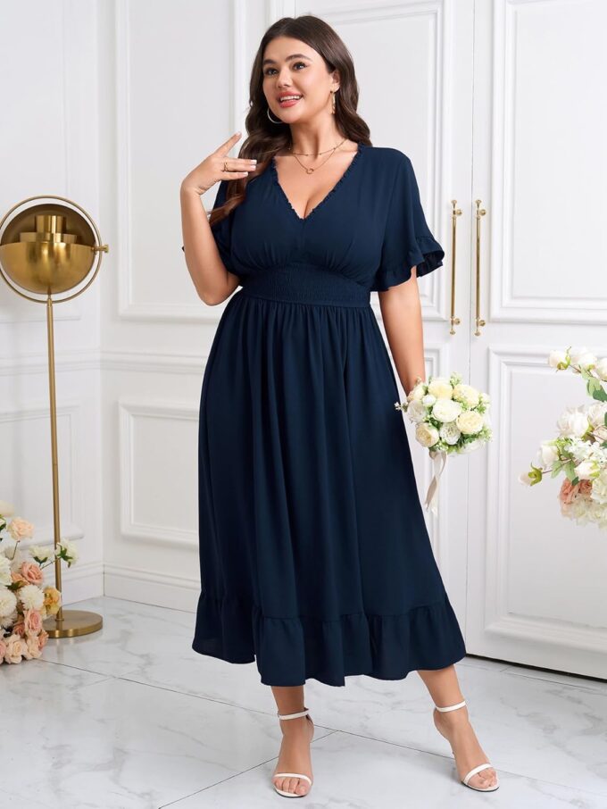 Women Plus Size V Neck Maxi Dress Short Sleeve Smocked Waist Ruffle Hem Flowy Summer Formal Wedding Guest Dresses – Bild 2