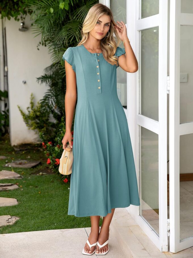Simplee Womens Summer Casual Dress - Short Sleeve Button Crewneck A-Line Flowy Fit and Flare Beach Midi Dress – Bild 5
