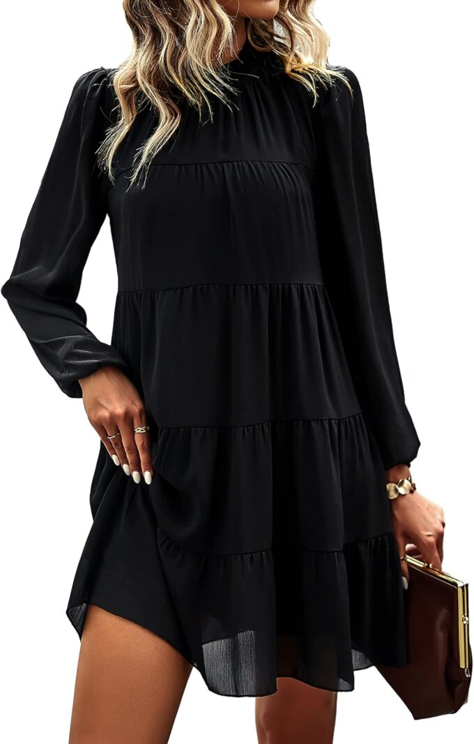 KIRUNDO Long Sleeve Baby Doll Dresses Women 2025 Casual Summer Fall Ruffle Mock Neck Tiered Mini Flowy Swing Shift Dress