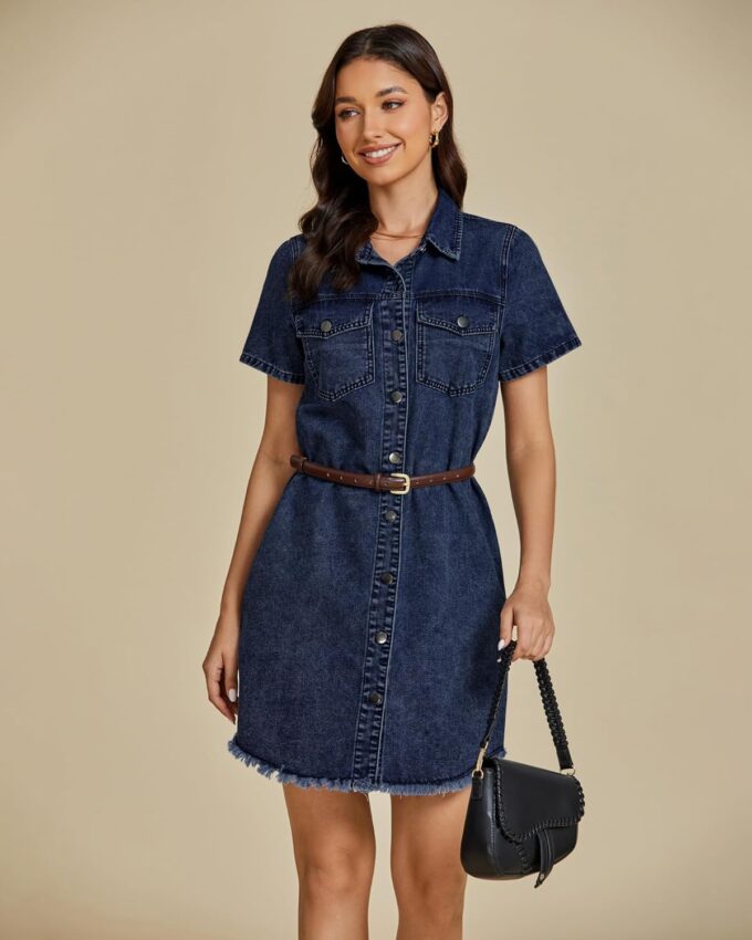luvamia Denim Dresses for Women Distressed Summer Short Sleeve Button Down Collared Raw Hem Jean Shirt Dress with Pocket – Bild 5