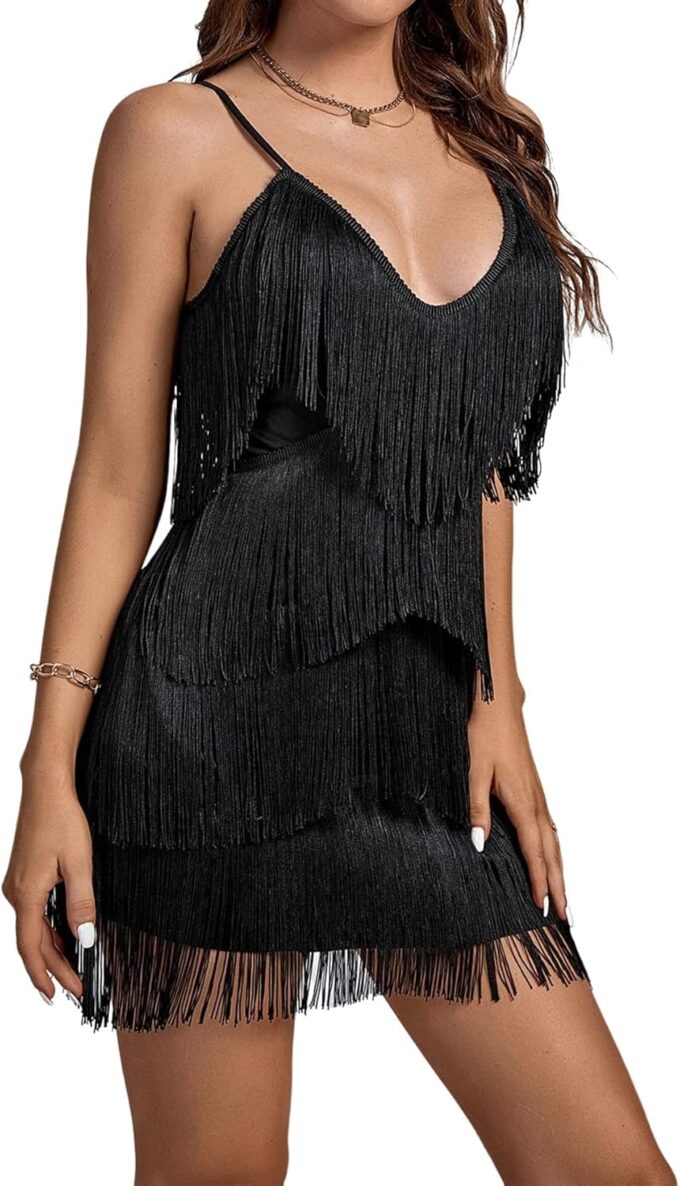 Umenlele Women's Layered Fringe Deep V Neck Cami Mini Dress Sleeveless Tassels Flapper Dresses – Bild 3