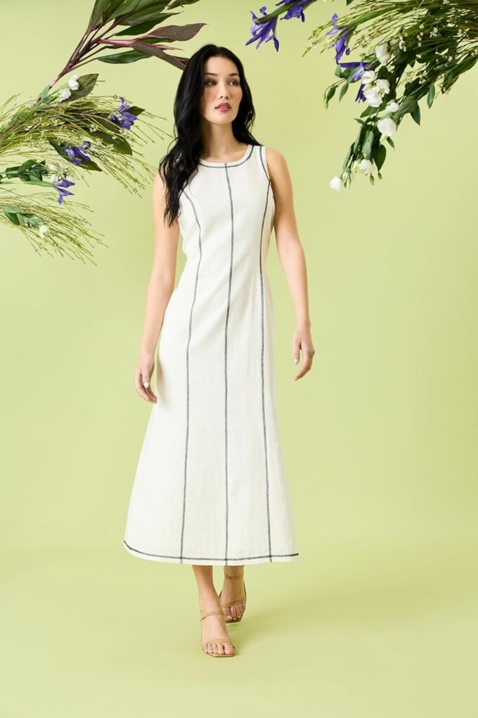 Donna Morgan Women's Linen Rayon Sleeveless Midi Length Formal Contrast Stitching-Elegant Wedding Guest Dress – Bild 5