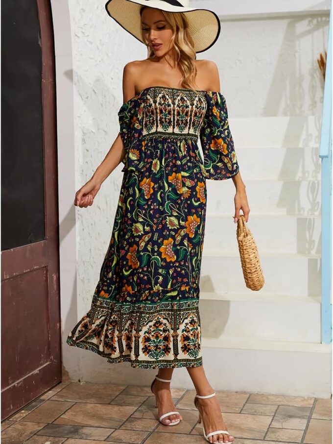 Women's Long Maxi Dress Sexy Off Shoulder Floral Dress Ruffle Short Sleeve Smocked Flowy A Line Boho Dress – Bild 5