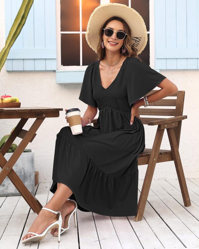 AUSELILY Women's Summer Empire Waist Dress Smocked Flutter Short Sleeve V Neck Midi Dresses 2025 New – Bild 5