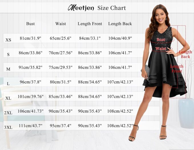 Meetjen Women's Sequin Prom Dresses Cocktail Party Sparkly Short V Neck A-line High Low Satin Formal Dress for Wedding – Bild 5