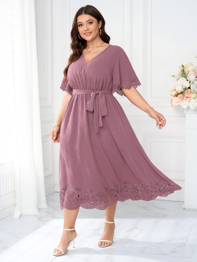 Womens Plus Size Wedding Guest Cocktail Dress Wrap V Neck A-Line Swing Maxi Dresses with Belt – Bild 2