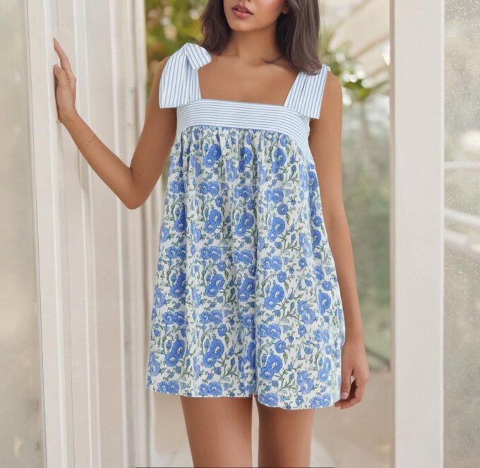 Women Y2k Tie Shoulder Mini Dress Sleeveless Flowy Babydoll Dress Boho Floral Aline Short Sundress – Bild 7
