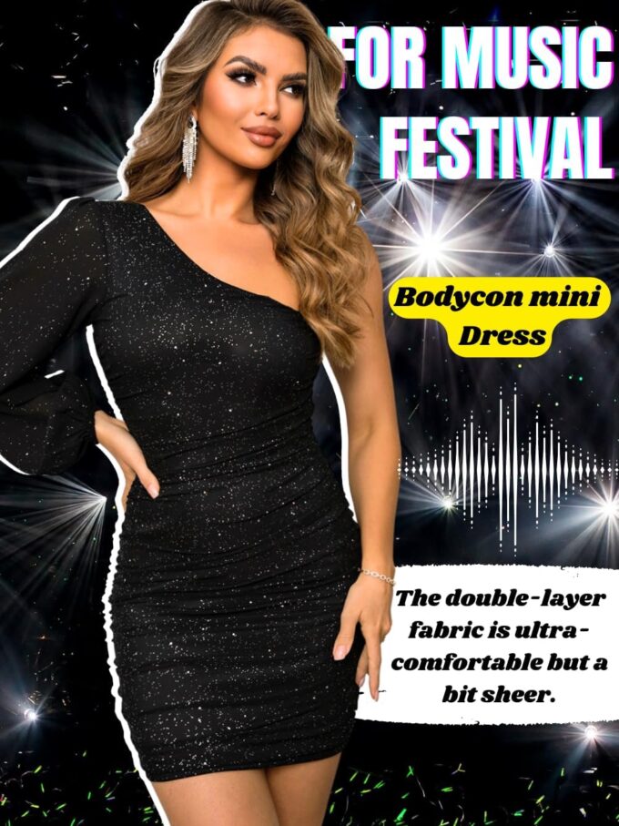 Sparkly Outfits for Women,One Shoulder Ruched Bodycon Short Prom Dress,Sexy Dresses Cocktail Homecoming Nye – Bild 4
