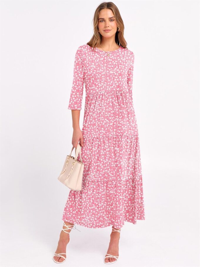 Prinbara Women's 3/4 Sleeve Casual Maxi Floral Dresses 2025 Fall Crewneck A-line Tiered Flowy Summer Boho T Shirt Long Dress – Bild 3