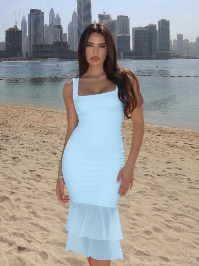Kaximil Women's Sexy Bodycon Ruched Square Neck Midi Dresses Elegant Sleeveless Ruffle Cocktail Party Dress – Bild 5