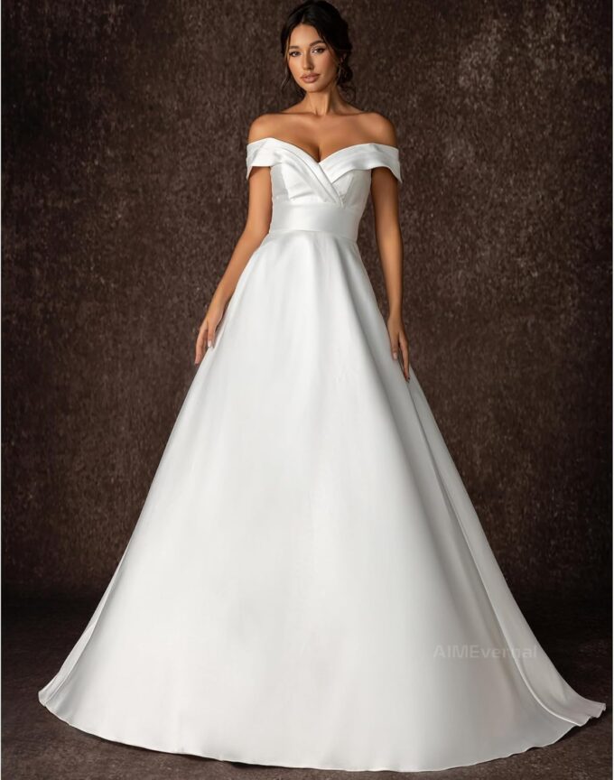 Woman Wedding Dress with Pockets，Off-Shoulder Bride Wedding Dress Shiny Satin Elegant Royal Style Simple Wedding Gown – Bild 5