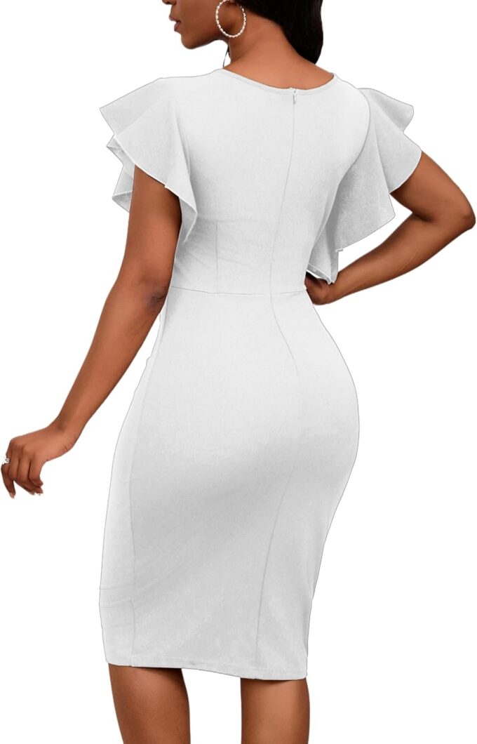 Womens Short Ruffle Sleeve Church Dress 50S Vintage Crew Neck Bodycon Work Pencil Midi Dress – Bild 5