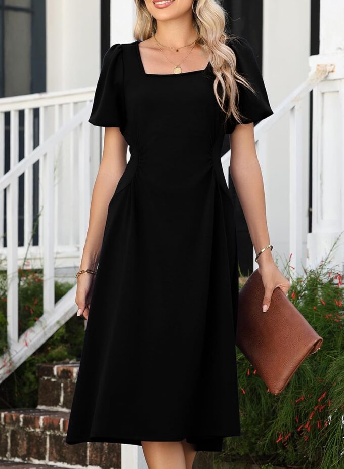 Happy Sailed Women's Summer Short Sleeve Square Neck Ruched Waist Flowy A Line Midi Cocktail Party Dress – Bild 5