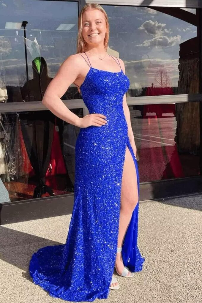 Sequin Mermaid Prom Dresses for Women 2025 Spaghetti Straps Formal Dress with Slit Long Sparkly Evening Party Gowns – Bild 4