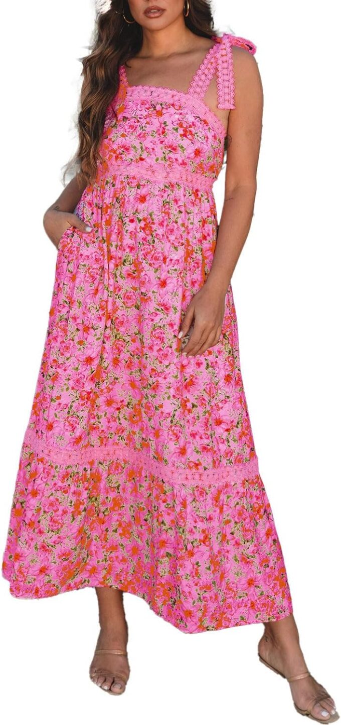 Womens Casual Dress Sleeveless Lace Tie Strap Square Neck Empire Waist A Line Maxi Dress for Spring Summer