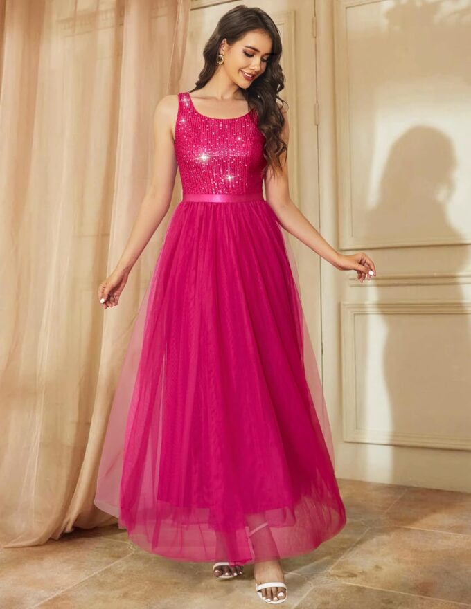 BeryLove Sequin Dress for Woman Vintage A Line Wedding Formal Swing Mesh Dress Sleeveless Cocktail Maxi Gowns – Bild 4